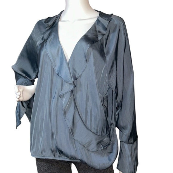 A new day women's flounce long sleeve
V-neck ruffle wrap blouse
Color Teal Blue - Picture 6 of 9